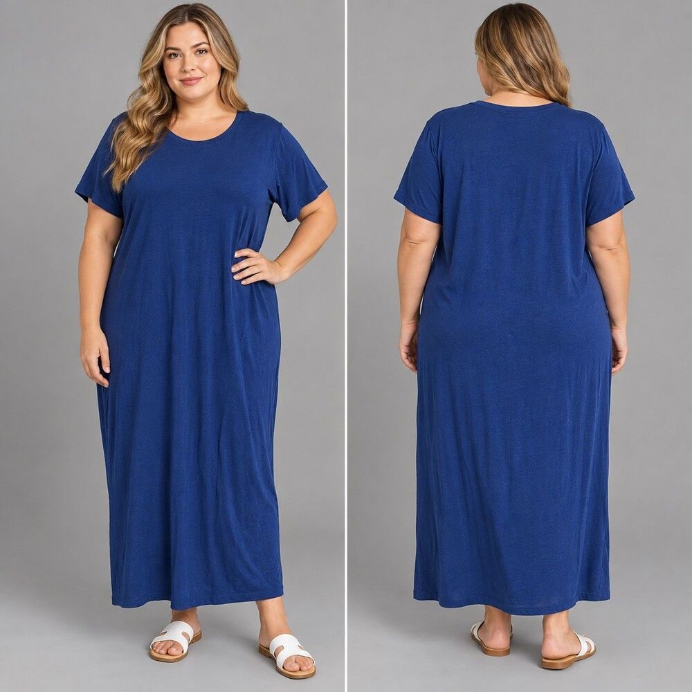 Eileen Fisher Organic Cotton Tee Dress 3X Blue Maxi Lagenlook Minimalist luxury